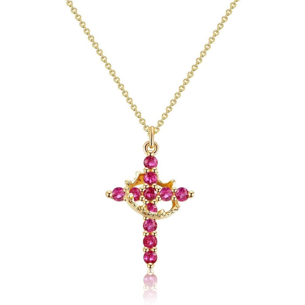 Perfect Gifts Women's Crown M01 Red Cross Necklace Gold Plated Faith Jewelry - Picture 1 of 8